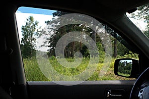 A beautiful view of the summer nature from the window of the car. Interior view of the car.