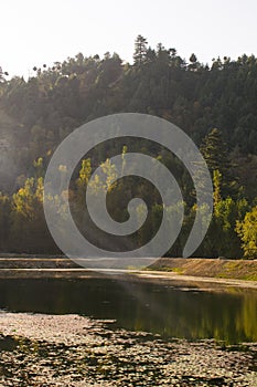 beautiful view of sun rays touch water lake with mountain with trees in background.