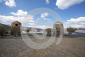 Beautiful view of the sunken city of Olus with ancient basilicas, on the island of Crete on a sunny day, horizonta