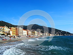 Beautiful view on a sunny day of the sea and the town of Alassio with colorful buildings, Liguria, Italian Riviera, region San