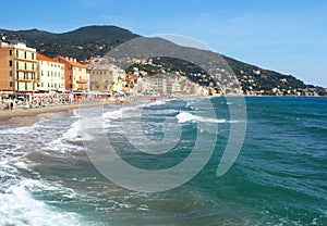 Beautiful view on a sunny day of the sea and the town of Alassio with colorful buildings, Liguria, Italian Riviera, region San