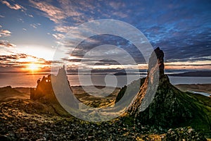 Beautiful view sunrise light rock stones Old Man of Storr Scolatand Skye Island landmark