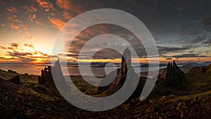 Beautiful view sunrise light rock stones Old Man of Storr Scolatand Skye Island landmark