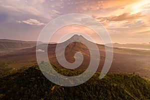 Beautiful view sunrise and mist at Batur volcano, Kintamani, Bali, Indonesia. Sunrise view of Batur volcano, Bali island