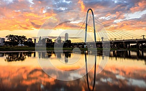 Beautiful view of sunrise over the Margaret Hunt Hill Bridge. Dallas, Texas