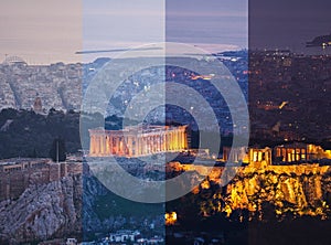 The city of Athens and Acropolis of Athens from sunset to night, Athens, Greece