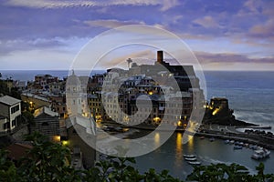 Sunset in Vernazza and suspended garden,Cinque Terre National Park,Liguria,Italy,Europe