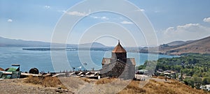 Beautiful view of Surb Hakob Chapel and Sevanavank Monastery in Lake Sevan in Armenia