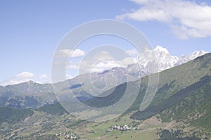 Beautiful view of Svaneti valley of a village Zhabeshi and peaks Ushba , Svaneti photo