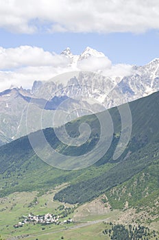 Beautiful view of Svaneti valley of a village Zhabeshi and peaks Ushba , Svaneti photo