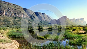 Beautiful view of swamp with hippos and a mountain range