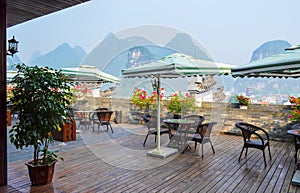 Beautiful view from terrace to mountain peaks, Yangshuo, China