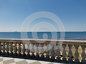 Beautiful view of Terrazza Mascagni concrete balustrade on the seafront of Livorno, Tuscany, Italy