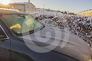 Beautiful view of texture on frozen car windshield on with sun shadows winter frosty day.