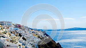 Beautiful View Thera Santorini Oia Island With Volcano And Ships In Greece