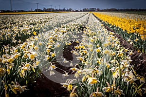 Beautiful view of thousands of Narciss flowers on a field captured on a sunny day