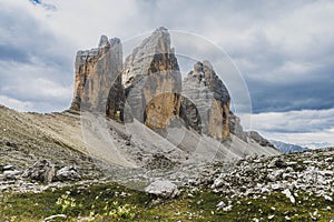 Beautiful view of three rocks in the Three peaks of Lavaredo national park in Italy.