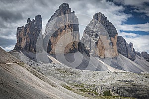 Beautiful view of three rocks in the Three peaks of Lavaredo national park in Italy.