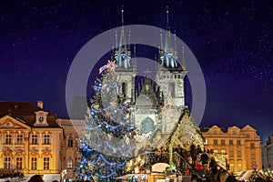Beautiful view to the christmas market and tree at the old town square of Prague, Czech Republic