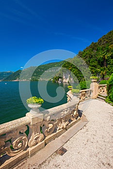 Beautiful view to Como and Alps from Villa Balbianello, Italy