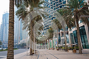 Beautiful view to Dubai downtown city center skyline from District at evening, United Arab Emirates