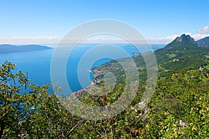 Beautiful view to Gardasee lake shore from Sasso hiking trail
