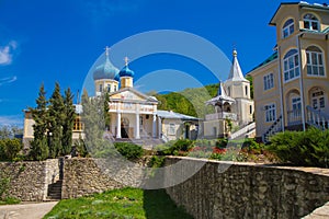 Beautiful view to Kalarashovsky Holy-Uspensky woman monastery in sany sammer day. Convent located on the right Bank of