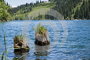 Beautiful view to Kolsai or Saty lake with mountains background. photo