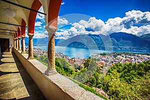 Beautiful view to Locarno city, lake Maggiore and Swiss Alps from Madonna del Sasso Church in Ticino, Switzerland