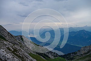 Beautiful view to Lucerne lake Vierwaldstattersee, mountain Rigi and Buergerstock from Pilatus, Swiss Alps, Central Switzerland