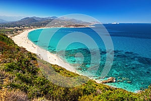 Beautiful view to Plage de Lozari near Lile Rousse on Corsica