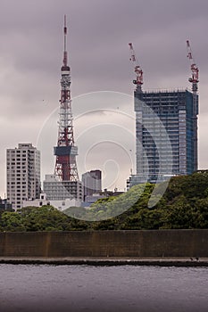 Beautiful view of Tokyo tower seen from Sumida river in sunset light, Japan