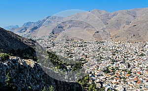 Beautiful view from the top of the hill on the city of Pothia, the capital of the Greek island of Kalymnos. Dodecanese. Greece