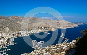 Beautiful view from the top of the hill on the marvelous bay Greek island of Kalymnos. The port of the city of Pothia.