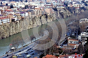 Beautiful view on top of the house on the edge of the cliff of the Kura river in Tbilisi