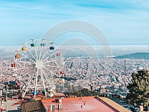 Beautiful view from the top of mountain Tibidabo, Barcelona. Traveling in Spain. Concept of tourism and leisure