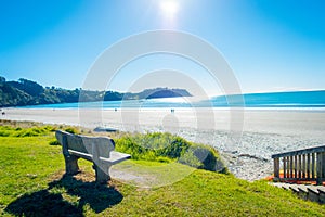 Beautiful view from top in a Waiheke Island, New Zealand with a beautiful blue sky and a white sand in a sunny day