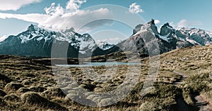 Beautiful view of Torres del Paine National Park of chile with snowy mountains in the background