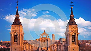 Beautiful view of the towers of the cathedral of Almudena in Madrid. Spain.