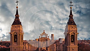 Beautiful view of the towers of the cathedral of Almudena in Madrid. Spain.