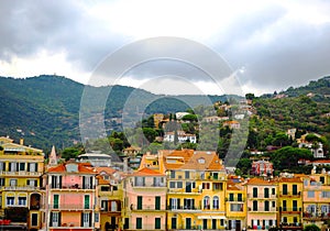 Beautiful view of town of Alassio with colorful buildings, Liguria, Italian Riviera, region San Remo, Cote d`Azur, Italy