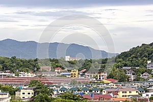 Beautiful view of town in chonburi city of thailand taken from hill in evening