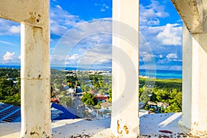 Beautiful view of the town through some pillars in San Andres Island Colombia and Caribbean Sea South America