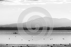 Beautiful view of Trasimeno lake at sunset with birds on water, a man on a canoe and hills on the background