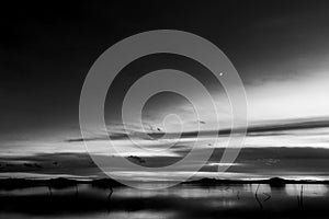 Beautiful view of Trasimeno lake Umbria, Italy at dusk, with black and white tones and moon in the sky