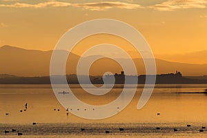 Beautiful view of Trasimeno lake Umbria, Italy at sunset, with orange tones, birds on water, a man on a canoe and