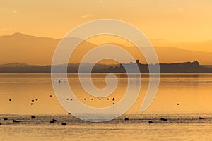 Beautiful view of Trasimeno lake Umbria, Italy at sunset, with orange tones, birds on water, a man on a canoe and