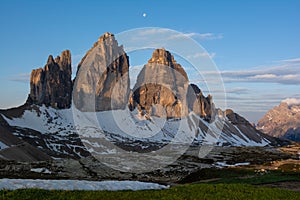 Beautiful view of Tre Cime mountain at dawn. Sexten Dolomites, Italy