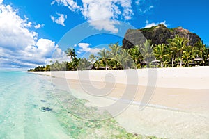 Beautiful view of tropical resort in Mauritius. Ocean, white sand, palms and blue sky