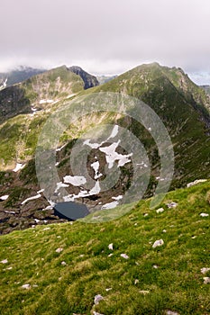 Beautiful view of two summits and a lake in Fagaras Mountains on a sunny summer day